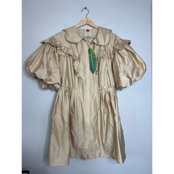 NWT Farm Rio Active Button Short Puffed Sleeve Pleated Mini Dress Beige Size: M - Picture 2 of 7